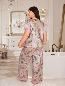 MuseNap CURVE Large Floral Print Faux Silk Contrast Lace Short Sleeve Top And Long Pants Elegant Plus Size Pajama Set - Multicolor - View 2
