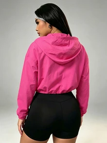 SHEIN Unity جاكيت رياضي نسائي مقاس كبير بتصميم بسيط مع جيب وسحاب وغطاء رأس - روز أحمر - مشاهدة 2