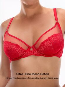 LUVLETTE Soft Woman Lingerie Sheer Full Coverage Underwire Sexy Unlined Minimizer Sequined Glam Floral  Lace Elegance & Mesh  Intimates Christmas Red Bra - Red - View 3