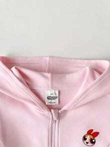 THE POWERPUFF GIRLS X SHEIN 兒童青少年女孩 2件組純色粉色抽繩連帽上衣與寬腿長褲套裝，休閒風格，適合春季/秋季日常穿著 - 粉色 - 查看 4