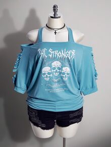 SHEIN ICON 女款大尺碼字母與骷髏圖案印花休閒日常穿搭T恤 - 藍色 - 查看 4