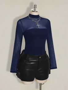 SHEIN ICON Plus Size Mesh Patchwork Y2K Sexy Bodysuit - Navy Blue - View 8