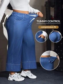 Flexra Cowgirl Outfit Plus Size Women Blue Stretch Straight Leg Cropped Jeans - Medium Wash - View 1
