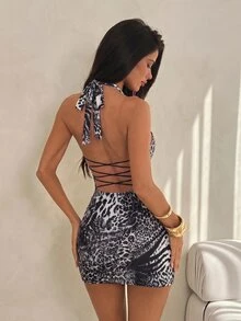 SHEIN ICON Women's Leopard Print Sexy Date Party Mini Halter Dress - Grey - View 5