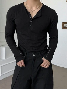 DAZY Men's Textured Fabric Solid Color Basic Half-Placket T-Shirt - Black - View 3