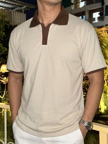 DAZY 夏季短袖米色拼接配色 Polo 領男士 T 恤 - 米色 - 查看 3