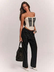 SHEIN BAE Atasan Tube Tanpa Tali Seksi Wanita Musim Gugur & Musim Dingin dengan Trim Webbing Warna Kontras yang Elegan - Hitam dan Putih - View 5