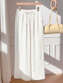 SHEIN EZwear 女款休閒舒適白色底黑波點秋冬長褲 - 白色 - 查看 8