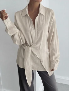 DAZY 女款半鈕扣側綁帶套頭休閒優雅襯衫 - 白色 - 查看 8