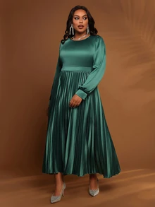 BrightlyHer Plus Size Women's Round Neck Dark Green Long Sleeve Party Wedding Formal Dress Autumn Elegant - Navy Blue - View 3
