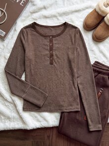 Comfortcana Plus Size Women Autumn Winter Clothing Round Neck Half Button Long Sleeve T-Shirt - Brown - View 8