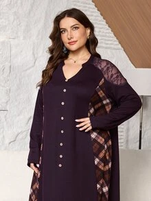 Lacomfia Women's Long Sleeve Plaid Lace Patchwork Casual Versatile Comfortable Daily Home Warm Plus Size Dress - Coffee Brown - View 5