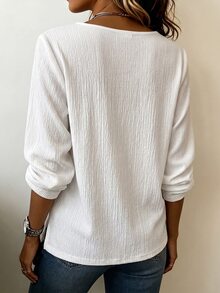 SHEIN LUNE Women's Solid Color Round Neck Long Sleeve Button Decor T-Shirt - Army Green - View 2