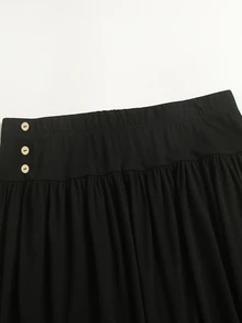 GlowEve CURVE Plus Size Button High Waist Pleated Solid Color Long Skirt - Black - View 7