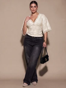 SHEIN BAE CURVE Áo blouse xếp ly phối ren phong cách lãng mạn ngọt ngào size lớn - Màu be - Xem 7