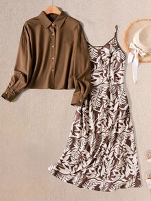 Rusticease Women's All-Over Print Camisole Dress & Long Sleeve Top Casual Daily 2pcs Set - Multicolor - View 3