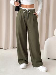 SHEIN PETITE Women's Color Block Casual Daily Wear Long Pants,Ladies Spring/Fall Casual Drawstring,Pocket Natural - Green - View 6