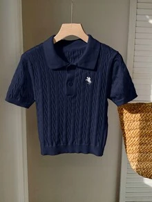 Comfortcana Plus Size Vintage Collegiate Embroidered Polo Collar Navy Blue Knit Top - Navy Blue - View 5