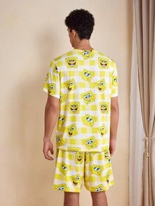 SpongeBob SquarePants | SHEIN Men's Cartoon Print Short Sleeve Top And Shorts Casual Daily Home Wear Set - Yellow - View 2