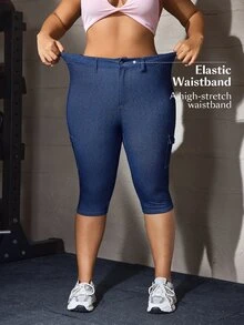Flexra Festival Y2K Plus Size Women's Blue Stretch Sexy Tight Capris Denim Pants - Dark Wash - View 4