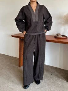 Dazy Plus Thickened Half-Open Collar Pullover Top & Long Pants Casual Fun Commute Spring Autumn New Two Pieces Set - Brown - View 5