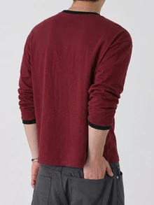 DAZY Spring Autumn Dark Gray Long Sleeve Cuffed Cuff Design Chest Rivet Decor Men's T-Shirt - Burgundy - View 2