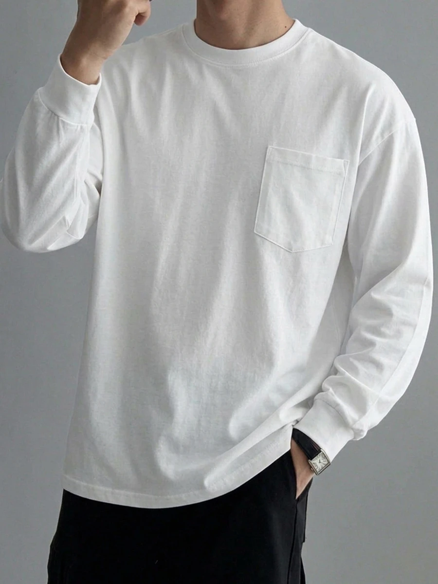 DAZY Men's Long Sleeve Thin Spring Autumn Grey T-Shirt With Cuffed Sleeves And Chest Pocket Design - White - View 1