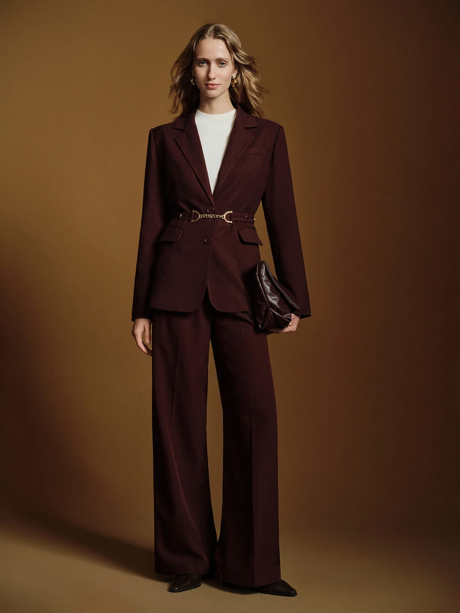 Anewsta Essential Anewsta Elegant Women's Metal Chain Decor Waist Belt Adjustable Silhouette Commuter Blazer Jacket - Burgundy - View 1