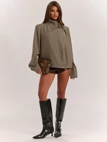 SHEIN BAE Jaket Kasual Wanita Warna Polos Lengan Panjang Desain Tumpang Tindih dengan Dekorasi Kancing - Mocha Brown - View 5