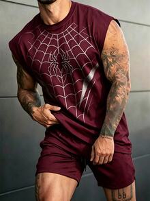 GymBeat 男士蜘蛛圖案圓領無袖運動休閒背心 - 酒紅色 - 查看 5