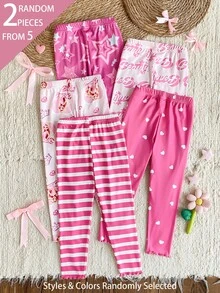 SHEIN 5pcs Randomly Sent 2pcs Spring Summer All Season Girls Polka Dot Heart Leopard Print Sweet Cute Versatile Soft Comfortable Ribbed Ribbed Knit Leggings Multi-Piece Set - Multicolor - View 2