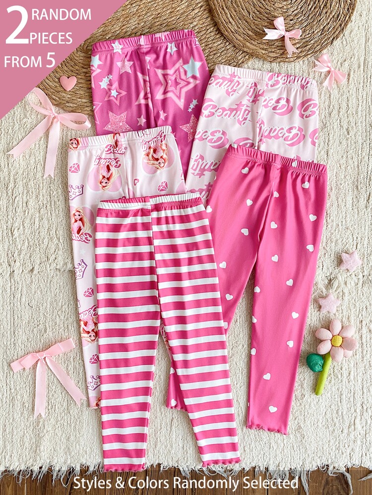 SHEIN 5件隨機出貨，2件春夏四季女童波點愛心豹紋甜美可愛百搭柔軟舒適羅紋針織打底褲多件套 - 彩色 - 查看 2