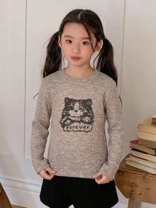 Dazy Kids 青少年女孩圓領長袖針織貓咪與字母圖案印花T恤 - 卡其色 - 查看 9
