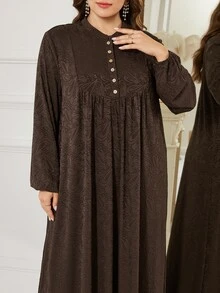 Al Najma Minimalist Casual Knit Jacquard Stand Collar Long Sleeve Loose Regular Fit Spring Autumn Plus Size Women Arabian Dress - Chocolate Brown - View 6