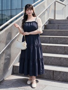 Bijouette 大尺碼純白碎花抓皺細肩帶洋裝，寬鬆A字版型，方領，哥德浪漫仙女風，生日秋季穿搭 - 藏蓝色 - 查看 5