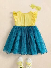 SpongeBob SquarePants | SHEIN Young Girl Cartoon Pattern Pleated Casual Daily Summer Dress - Yellow - View 2