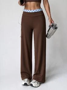 Dewbera Dewbera Women's High Elastic Brown & Blue Color Block Polka Dot Wide Leg Sports Pants For Yoga, Workout, Fitness, Running - Brown - View 1