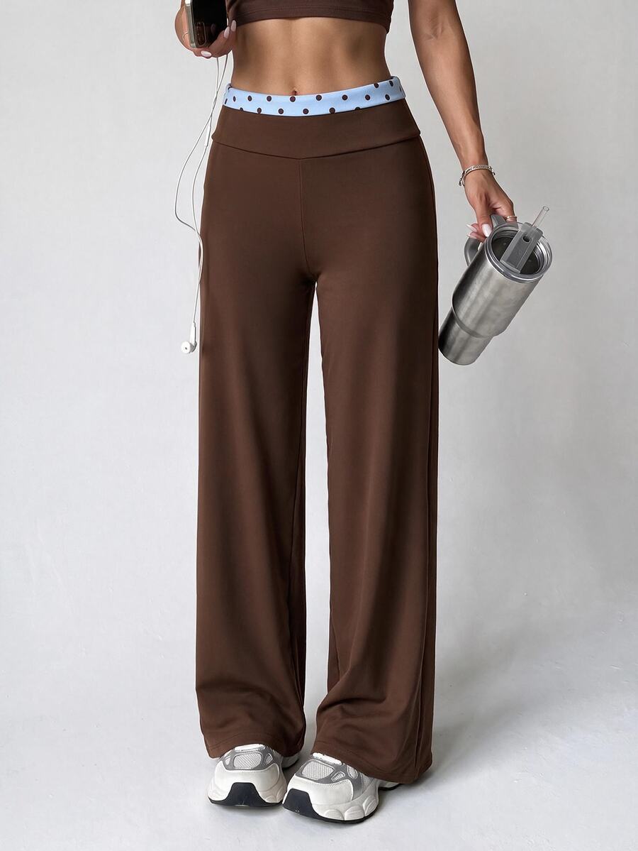 Dewbera Dewbera Women's High Elastic Brown & Blue Color Block Polka Dot Wide Leg Sports Pants For Yoga, Workout, Fitness, Running - Brown - View 1