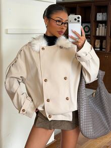 Muchica A Women's Long-Sleeved, Double-Breasted Winter Trench Coat Suitable For The Workplace, Featuring Button Closures And A Faux-Fur Collar. - Khaki - View 1