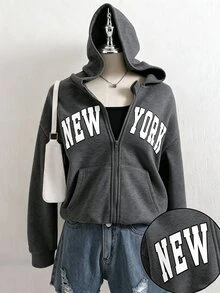 SHEIN 秋冬季青少年女孩英文印花連帽拉鍊外套，撞色字母印花街頭風圖案針織面料校園深灰色 - 深灰色 - 查看 1
