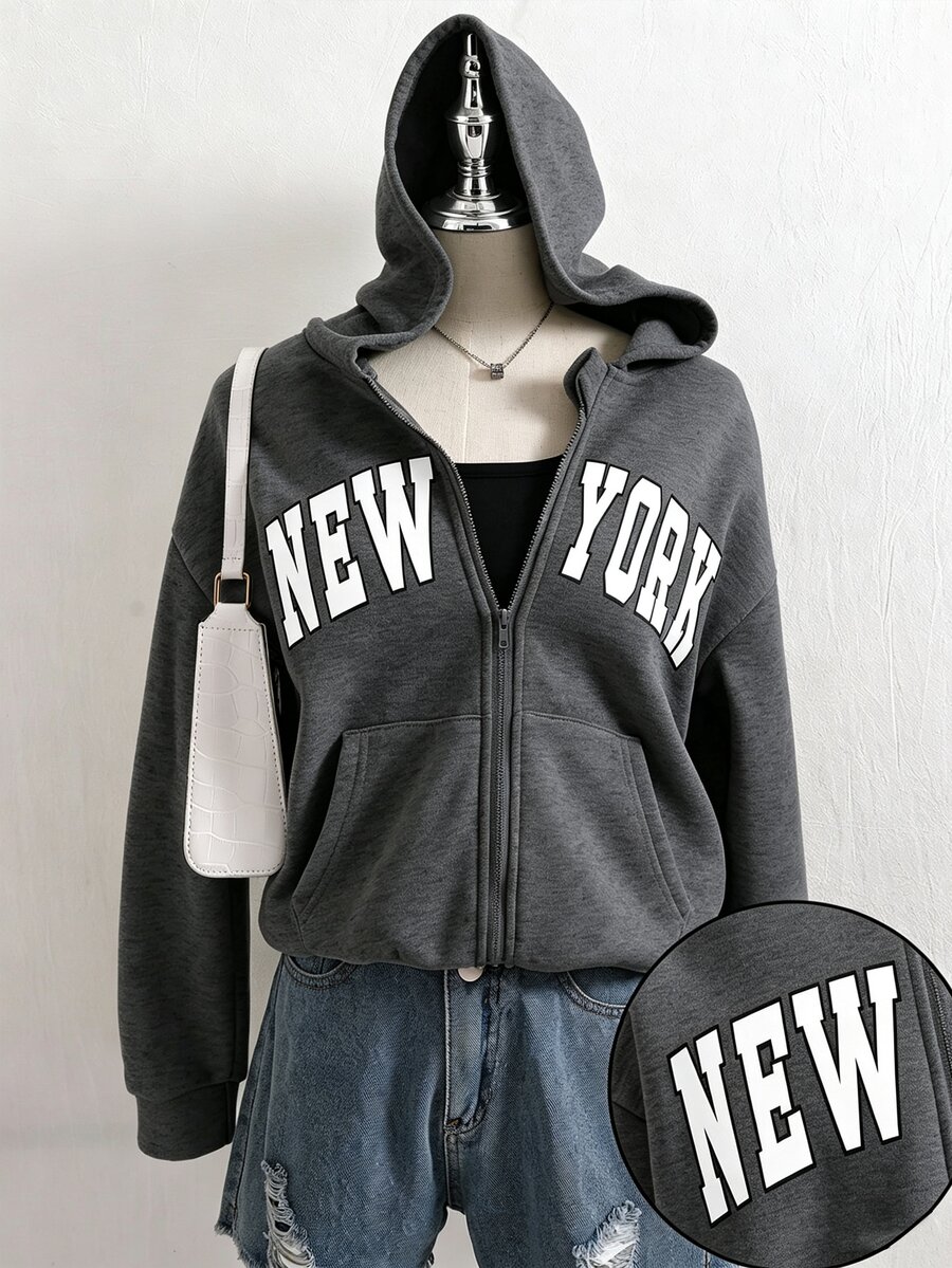 SHEIN 秋冬季青少年女孩英文印花連帽拉鍊外套,撞色字母印花街頭風圖案針織面料校園深灰色 - 深灰色 - 查看 1