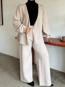 Dazy Plus Setelan Dua Potong Atasan Asimetris Warna Polos dengan Ikatan Depan & Celana Panjang Kasual untuk Kerja di Kantor, Musim Gugur/Musim Dingin, Model Sweater Baru - Khaki - View 7