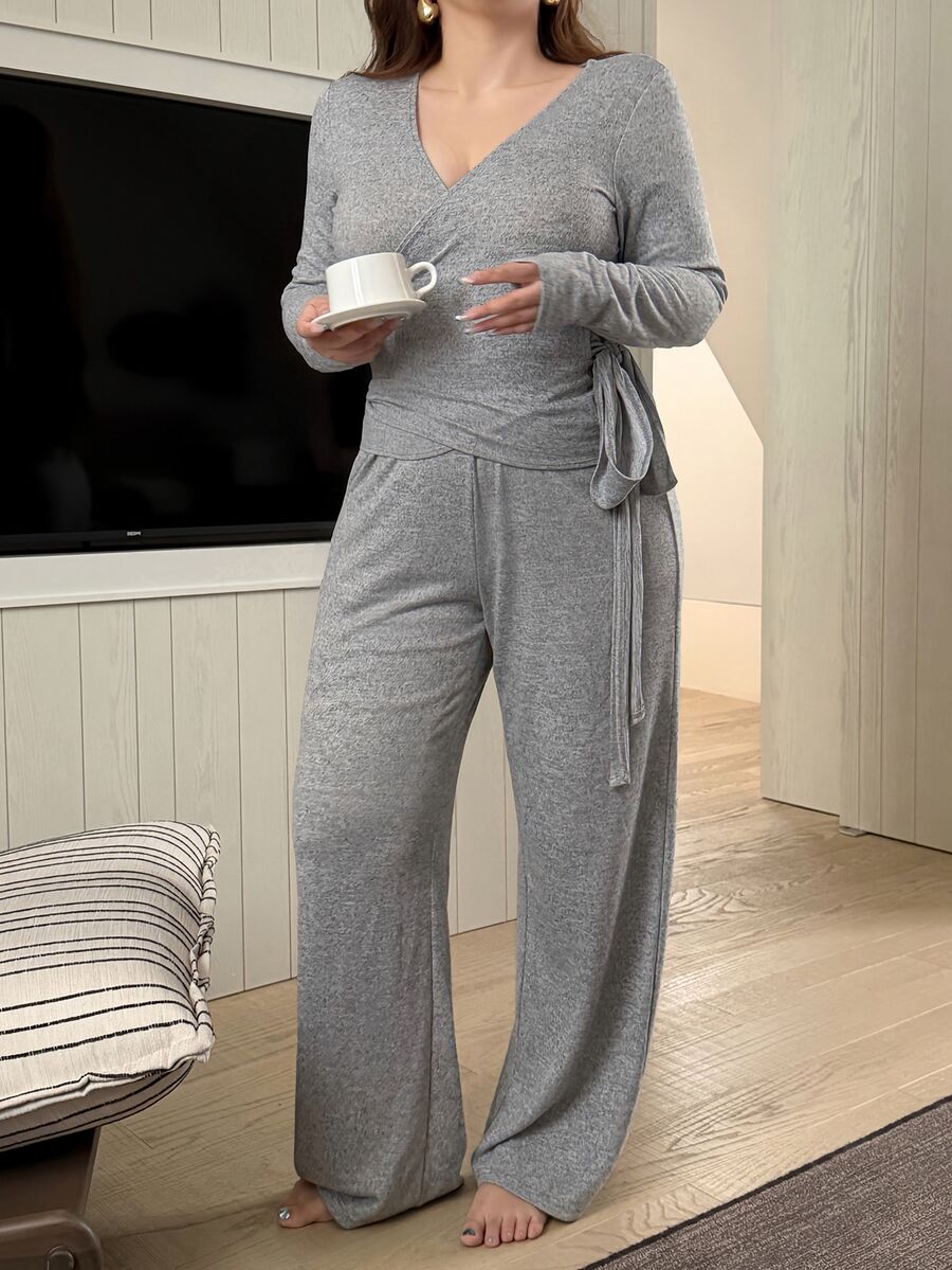 Dazy Plus Solid Color Fitted Lace-Up Top And Pants Casual Spring/Autumn New 2 Pieces Set - Grey - View 1
