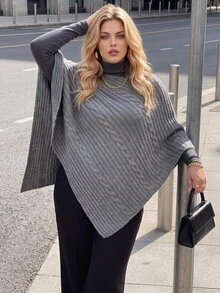 Vionelle Plus Size Women's Vintage Elegant Twisted Rope Textured Knit Shawl, Suitable For Fall/ Daily And Holiday Wear Office Grey - Light Grey - View 6