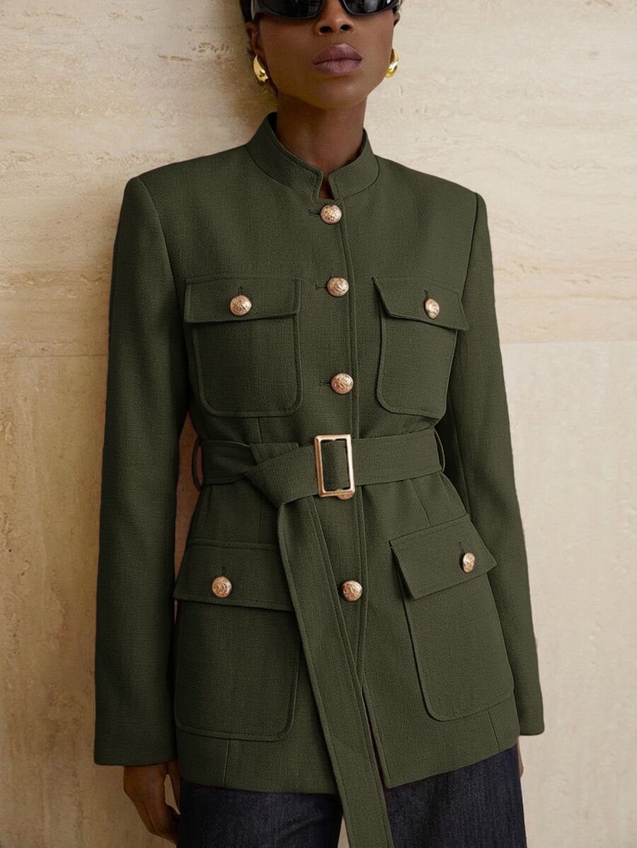 Aveloria Modichic Small Stand Collar Tweed Single-Breasted Metal Button Decor Belted Utility Jacket - Green - View 1