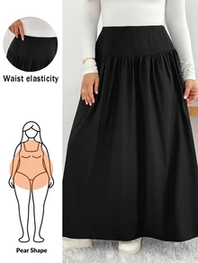 Shapeblank Plus Size Women Solid Color Pleated Casual Versatile Daily Wear Skirt - Black - View 4