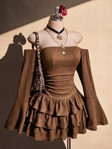 SHEIN ICON 女款大尺碼黑色紋理露肩洋裝 - 棕色 - 查看 1