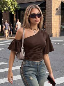 SHEIN ICON 女款素色不對稱肩休閒日常穿搭上衣 - 咖啡棕 - 查看 8