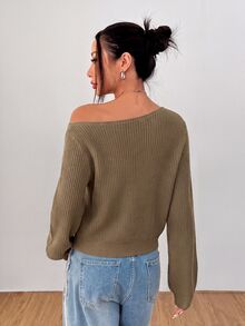 SHEIN PETITE 女款純色單肩休閒日常長袖針織衫 - 摩卡棕 - 查看 2