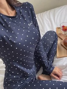 DAZY Women's Polka Dot Long Sleeve Top And Pants Casual Daily Home Pajama Set - Navy Blue - View 4